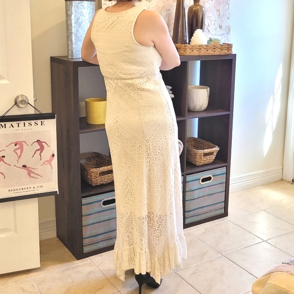 Ivory Lace Allover Sleeveless Chevron Garden Party grandma column dress Size XS